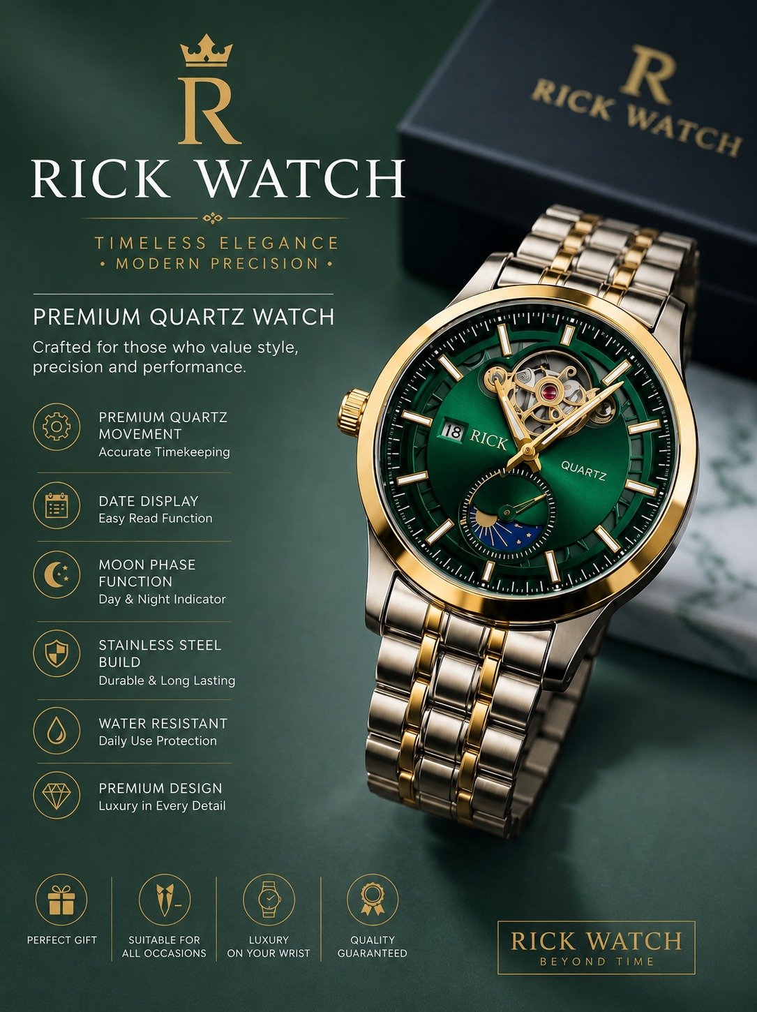 Rick Watch Premium Quartz Stainless Steel Watch Rick Green Stylish Watch