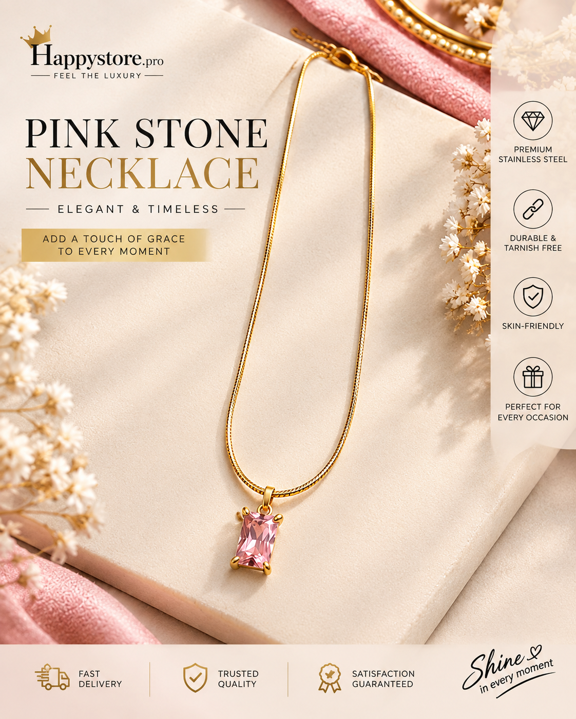 Pink Stone Gold Necklace for Women Pink Stone Gold Necklace for Women with Stainless Steel Chain
