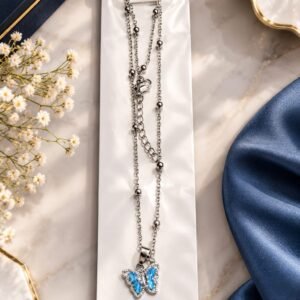 Blue butterfly layered necklace with silver chain