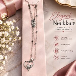 Elegant heart and butterfly layered pendant necklace