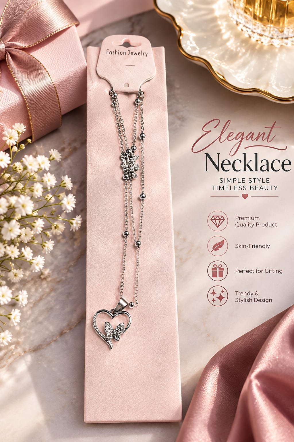 Elegant Heart Love Pendant Necklace Blue butterfly layered necklace with silver chain