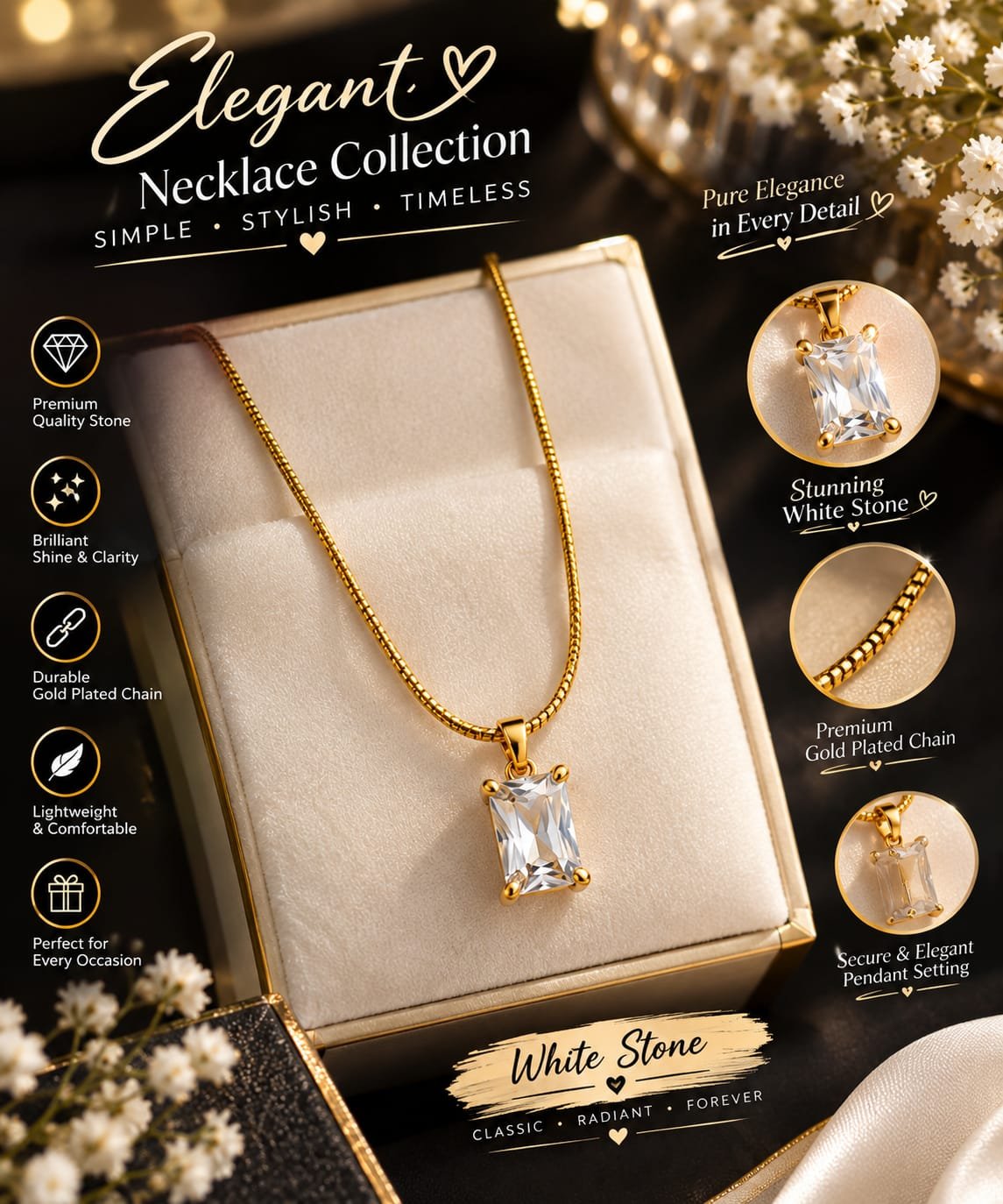 White Stone Pendant Necklace | Elegant Gold Jewelry Elegant white stone pendant necklace with premium gold-plated chain