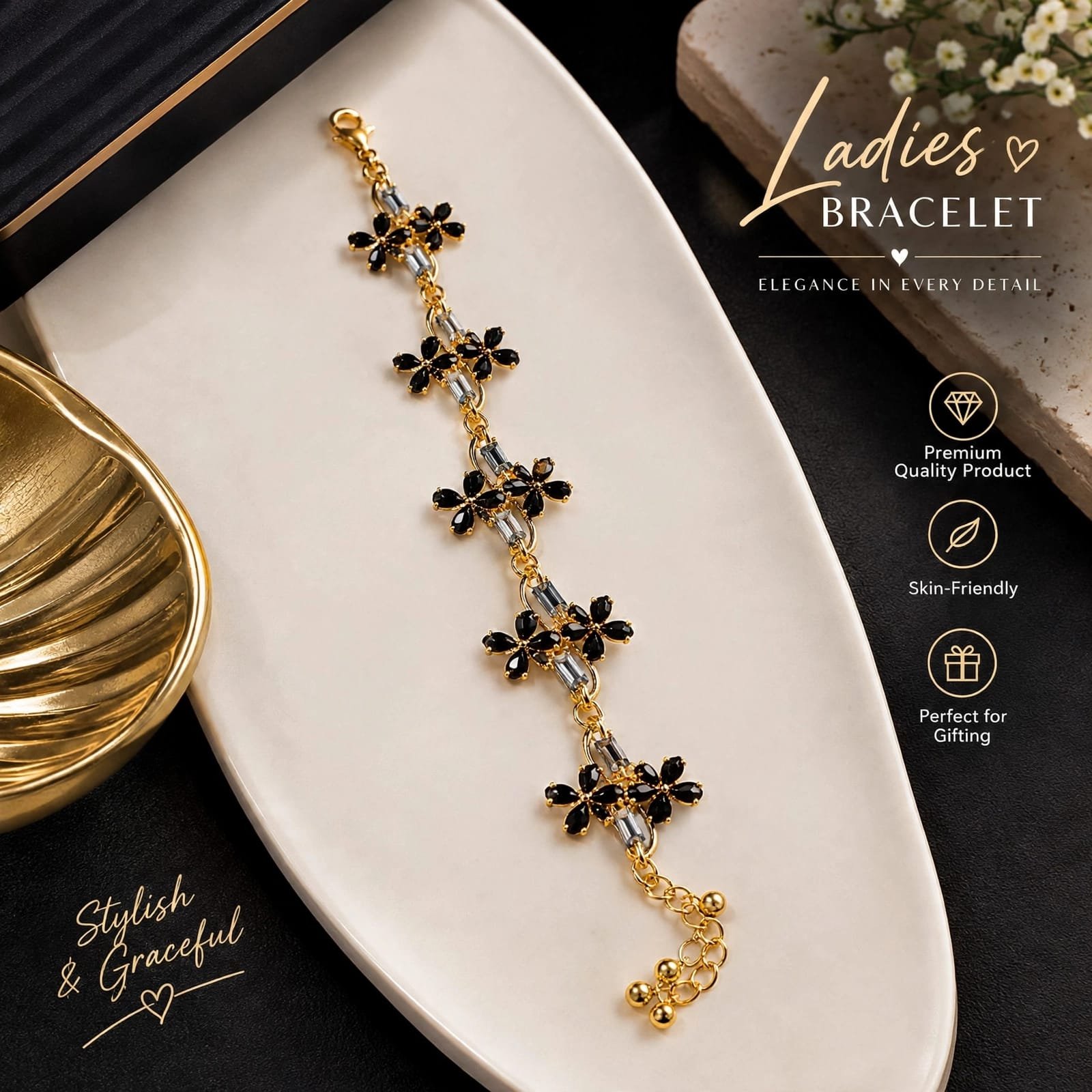 Black & Gold Floral Bracelet for Women Ladies black and gold floral bracelet