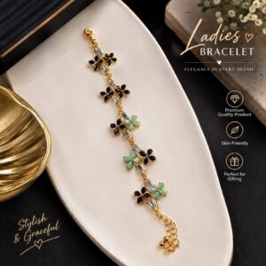 Elegant ladies floral bracelet with black and mint green flower charms