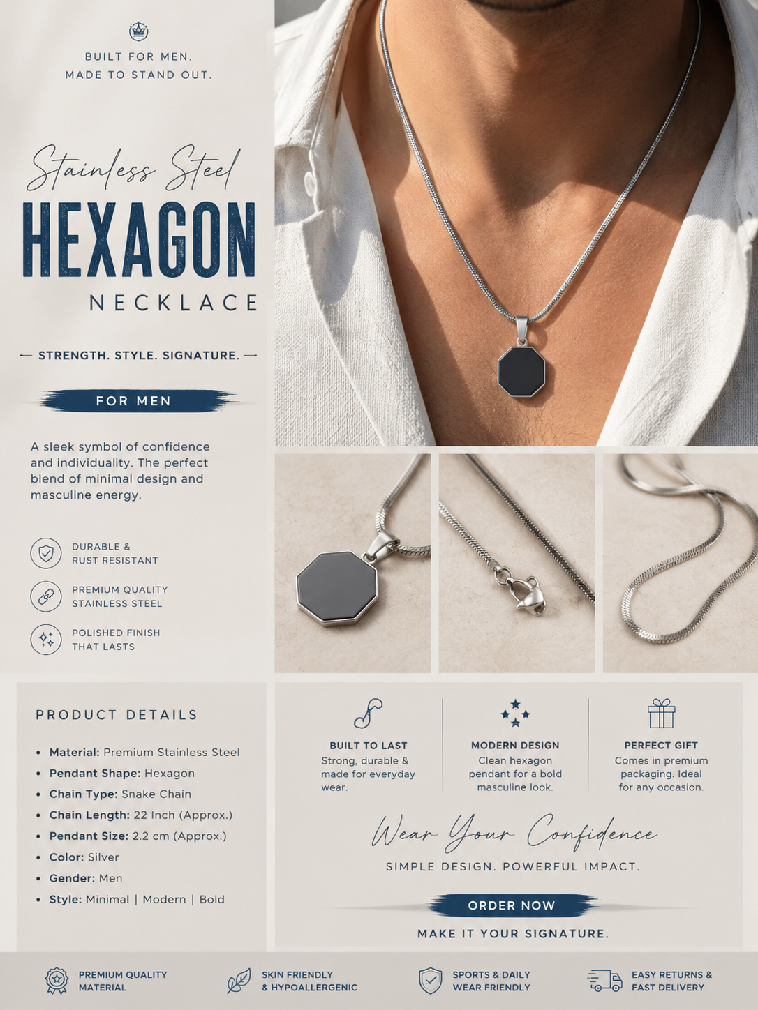 Men’s Stainless Steel Hexagon Necklace | Happy Store Men’s Stainless Steel Hexagon Necklace | Happy Store