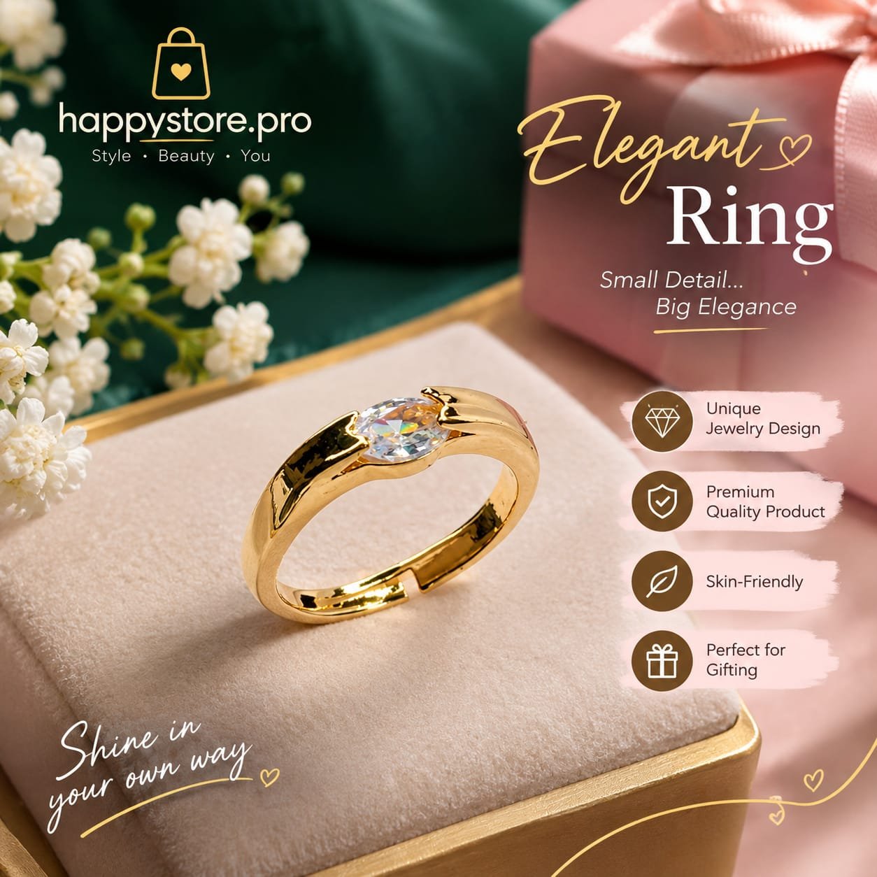 Elegant Gold Ring with Zircon Stone | Stylish Women's Ring Elegant gold ring with sparkling zircon stone