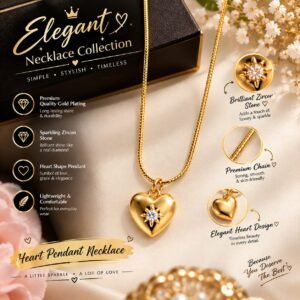 Elegant Gold Heart Pendant Necklace with Zircon Stone