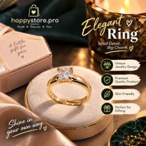 Elegant gold ring with sparkling center stone displayed on a luxury jewelry box