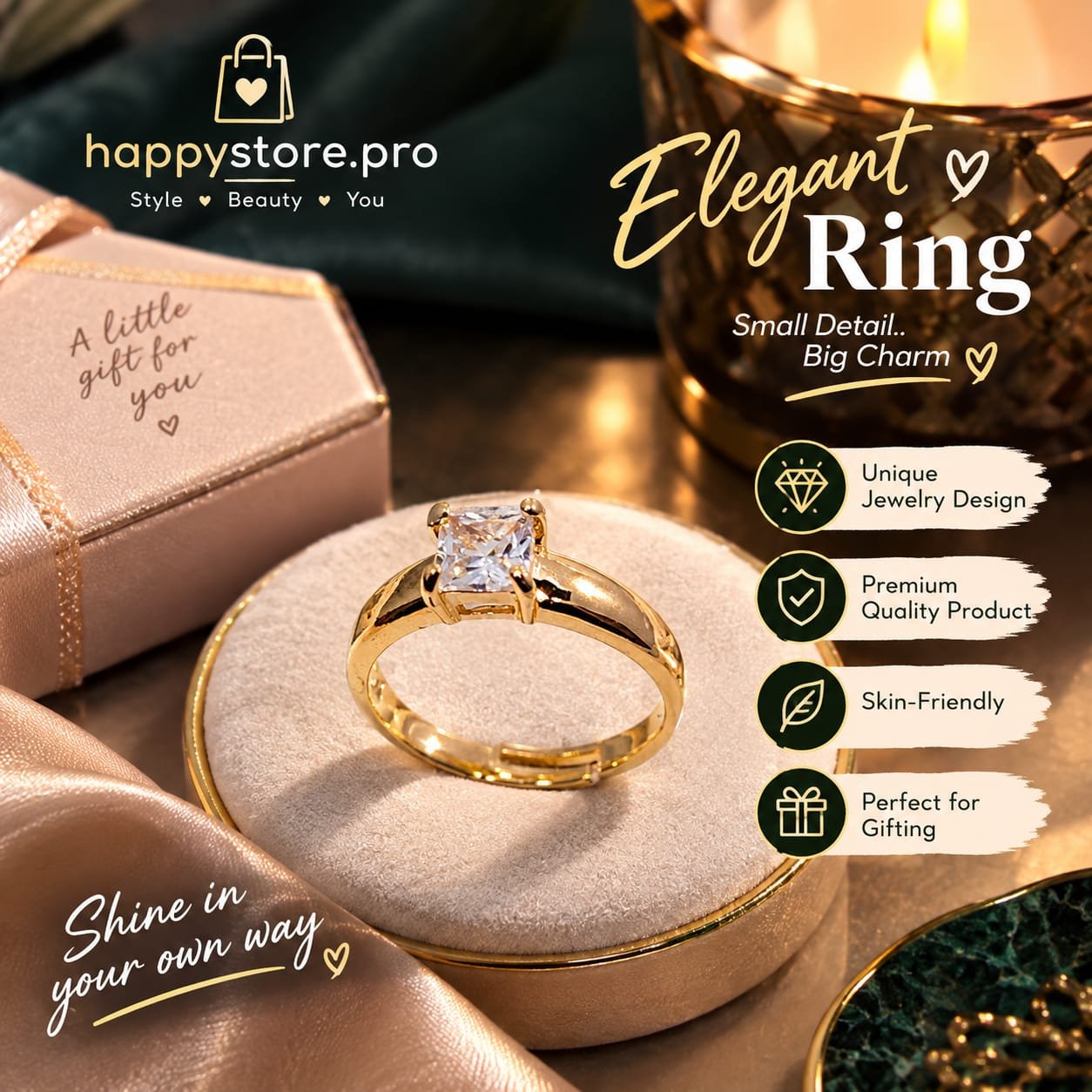 Elegant Gold Ring with Sparkling Center Stone 💍✨ Elegant gold ring with sparkling center stone displayed on a luxury jewelry box