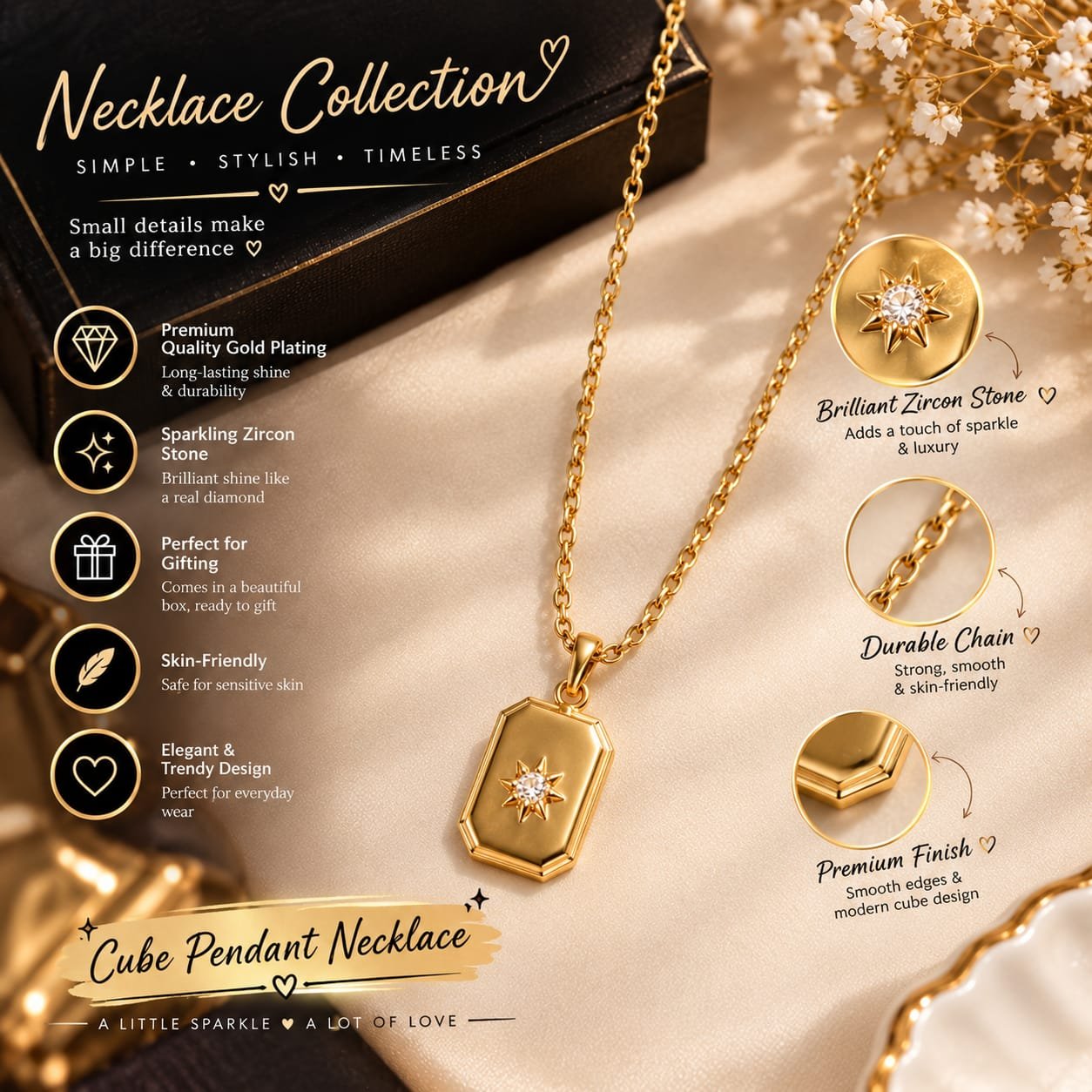 Gold Cube Pendant Necklace with Zircon Stone | Elegant Women's Necklace Gold cube pendant necklace with sparkling zircon stone