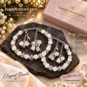 Elegant white beaded bracelet set with clear crystal-style beads