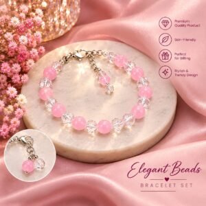 Elegant pink beaded bracelet with clear crystal-style beads