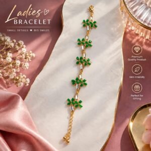 Elegant green floral ladies bracelet with gold-tone chain