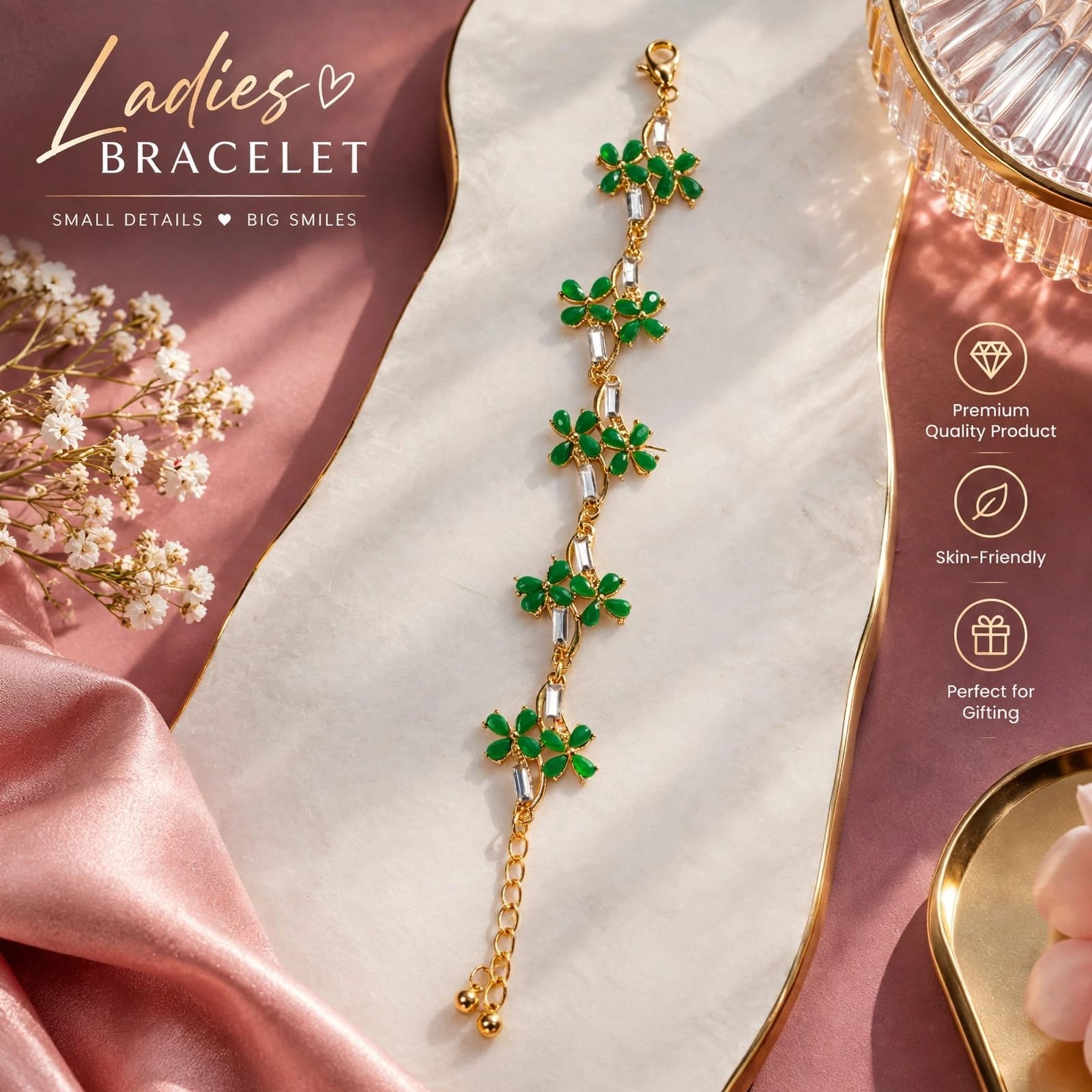 Green Floral Ladies Bracelet Elegant green floral ladies bracelet with gold-tone chain