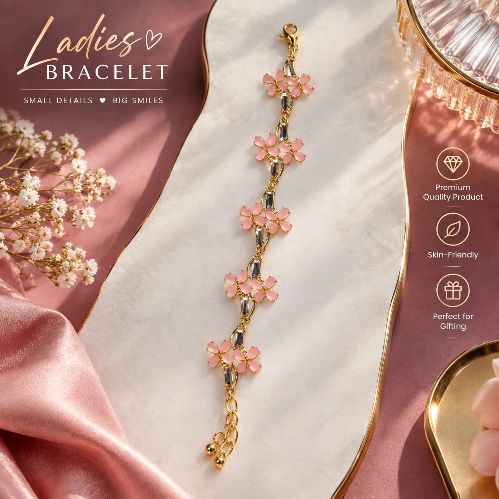 Pink Floral Ladies Bracelet Elegant pink floral ladies bracelet with gold-tone chain
