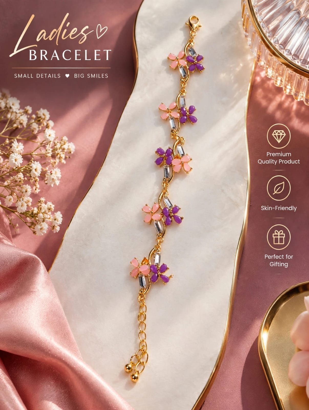 Ladies Floral Bracelet – Pink & Purple Ladies floral bracelet with pink and purple flower charms