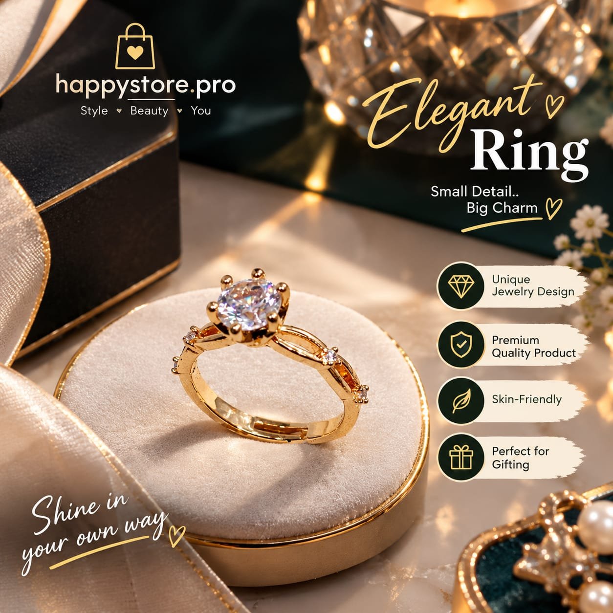 Elegant Crystal Gold Ring for Women Elegant crystal gold ring for women with sparkling round centerpiece
