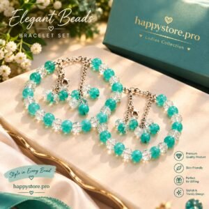 Elegant turquoise and clear beaded bracelet set for women with silver-tone chain