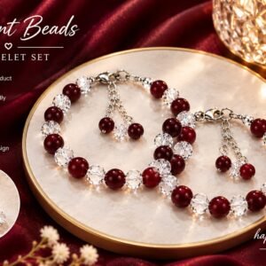 Red and maroon beaded bracelet set for women with clear crystal beads