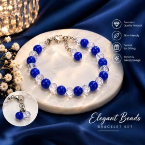 Blue beaded bracelet set for women with clear crystal beads and silver-tone chain